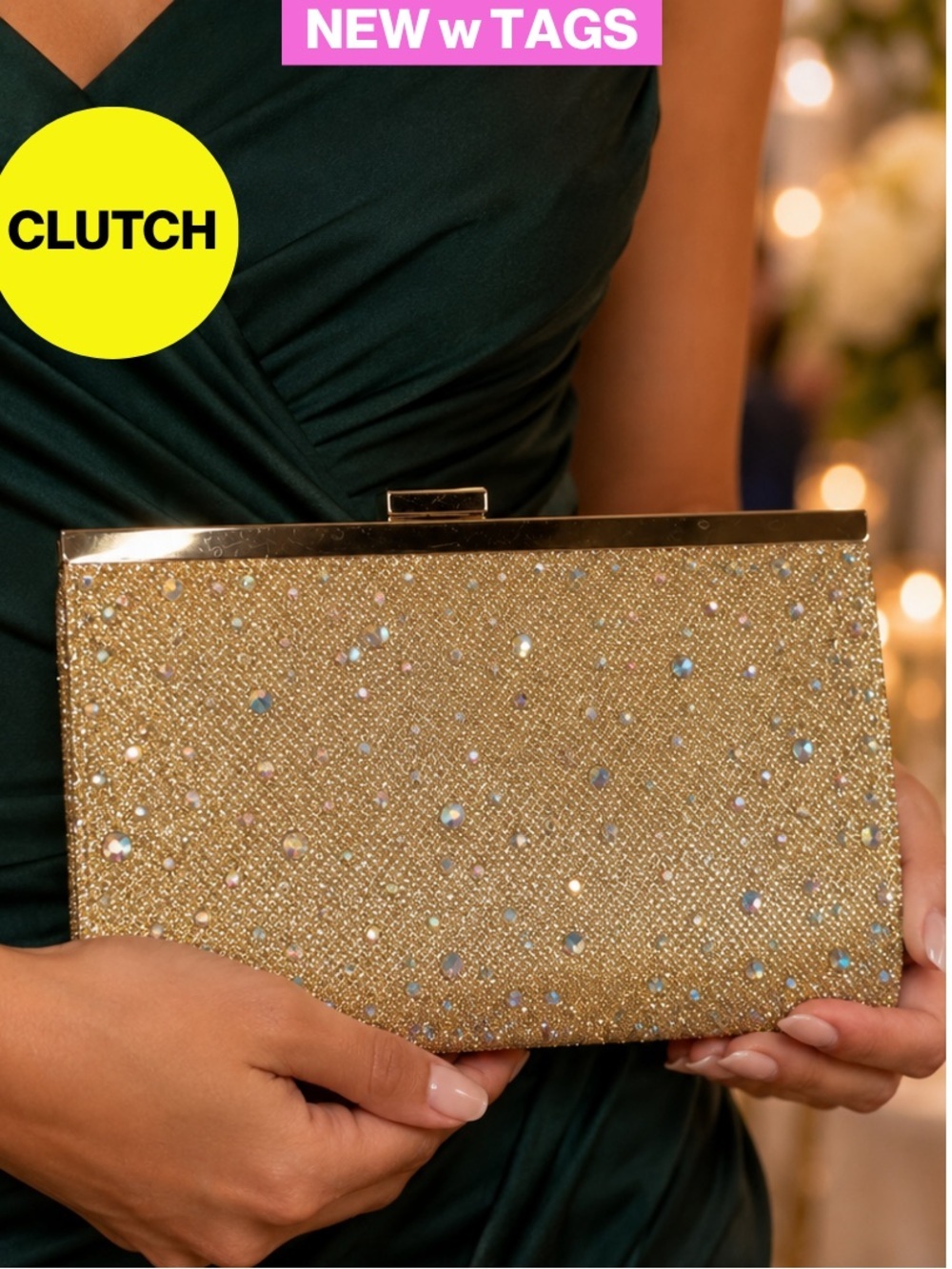 NEW w TAGS 🏷️ Glass Stones & Gold Crystal-Embellished Evening Clutch Purse 4x8”